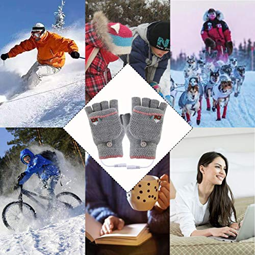 USB Heated Gloves, Mitten Winter Warm Laptop Gloves for Women Men Full & Half Hands Heated Fingerless Heating Knitting Hands Warmer (Women Grey) - Thumbnail 7
