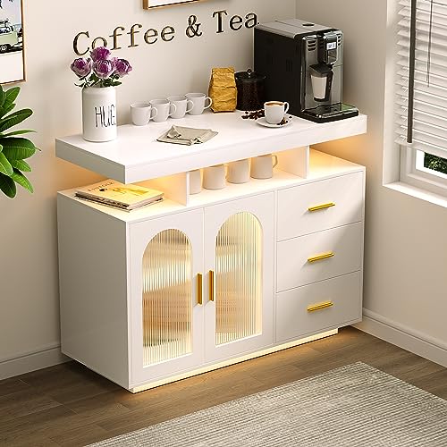 Dystler Sideboard Buffet Cabinet with Storage, 3 Drawers & 2 Doors, Auto-Sensor 20 Color Lights Console Table with Charging Station,Touch Control Console Coffee Bar Table for Kitchen, Dinning (White)