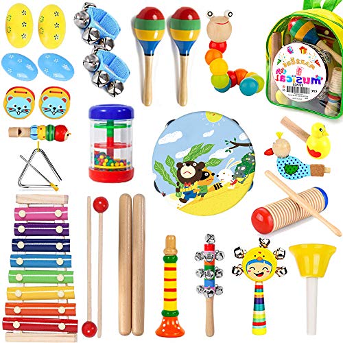 MAXZONE Kids Musical Instruments, 30Pcs 17 Types Wooden Instruments Tambourine Xylophone Toys for Kids Children, Preschool Educational Learning Musical Toys for Boys Girls with Backpack - Thumbnail 7