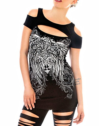 Folter Women's Gothic Cold Shoulder Cut Out Tee Shirt (Large)