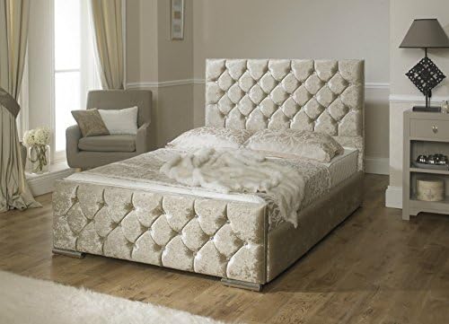LayLowBeds Monoco Crushed Velvet Upholstered Fabric Bed Frame with Diamond Pattern and Crystal Studded Headboard/Footboard + Under Mattress Storage Area- 4 Colours & Range of Sizes
