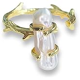Handcrafted Natural Baroque Pearl Ring Winding Design Opening Adjustable 14k Gold Plated Material,Branch