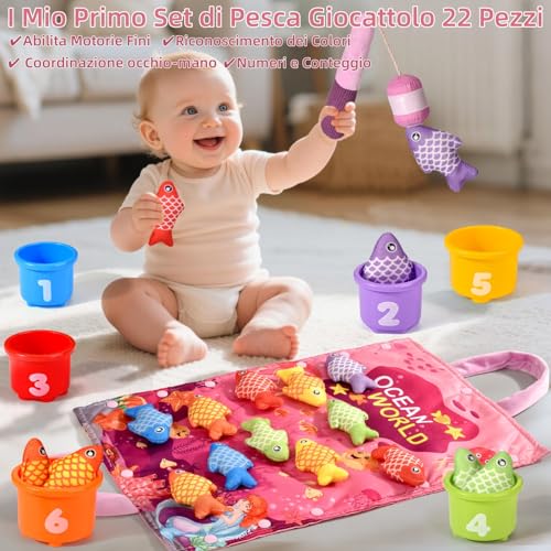 Tokiyis Montessori Games 1 Year – Soft Fishing Game for Baby Girl with 12 Fishes – Colourful Child Game Educational Toy for 6 9 12 18 Months – Pink Gifts for Children Girl 1 2 3 Years