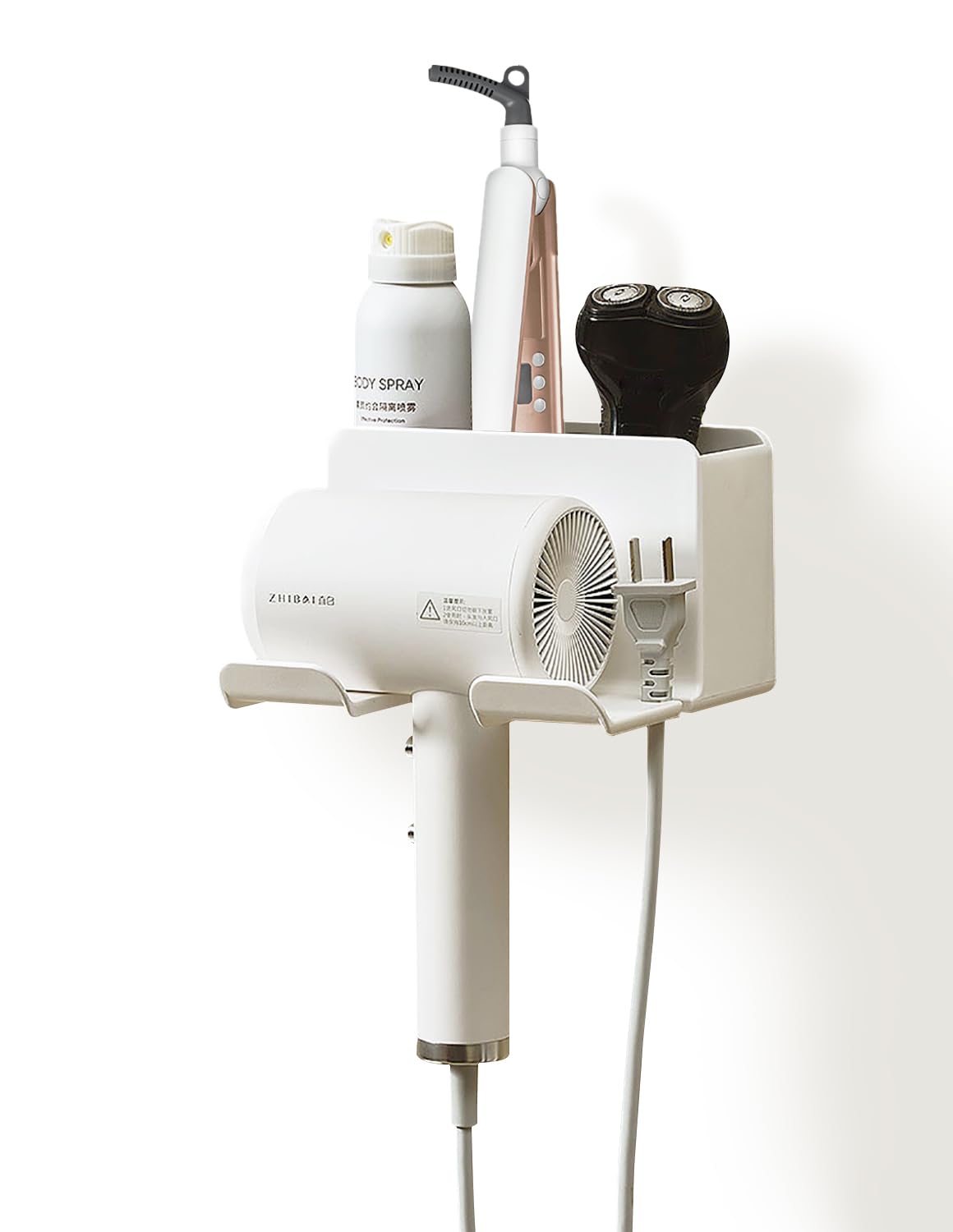 MidingChai Hairdryer Holder Wall Mounted No Drilling, Hair Dryer Holder Wall No Drilling, Hair Dryer Holder with Plug Holder & Storage, Hair Dryer Holder for Hotel Bathroom Most Hair Dryers