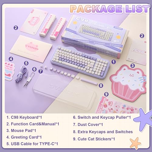 YUNZII C98 Wireless Mechanical Keyboard with Number Pad,98 Key BT5.0/2.4G/USB-C Hot Swap Gasket Mount with PBT MOA Keycaps,Custom RGB,Cute Cake Keyboard for Win/Mac (Purple, Candy Linear Switch)