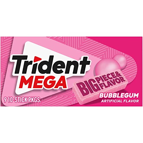 TRIDENT MEGA BUBBLEGUM SUGAR-FREE CHEWING GUM, 9 PACKS OF 10 PIECES (90 TOTAL PIECES)