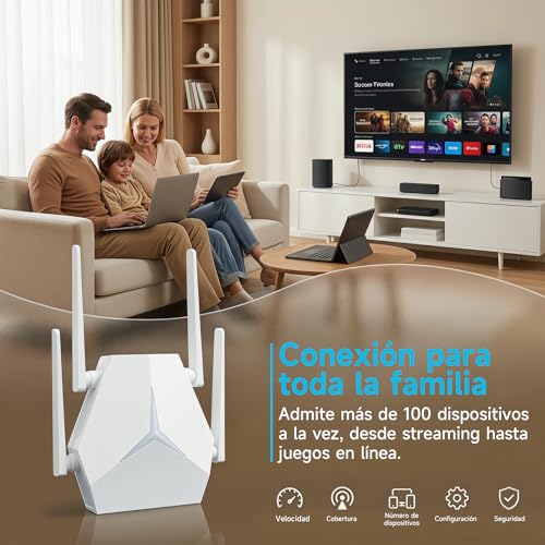 Repetidor WiFi Largo Alcance 1167Mbps, Extensor Señal Doble Banda 2.4G+5G para Casas Grandes Oficinas, Elimina Zonas Muertas