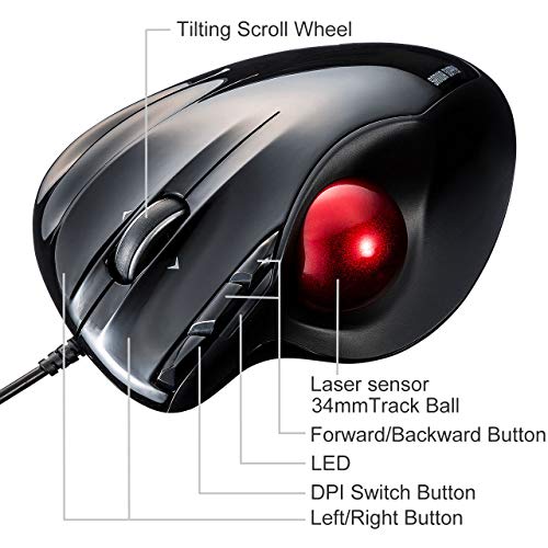 SANWA Wired Ergonomic Trackball Mouse, Computer Rollerball Mice, Laser