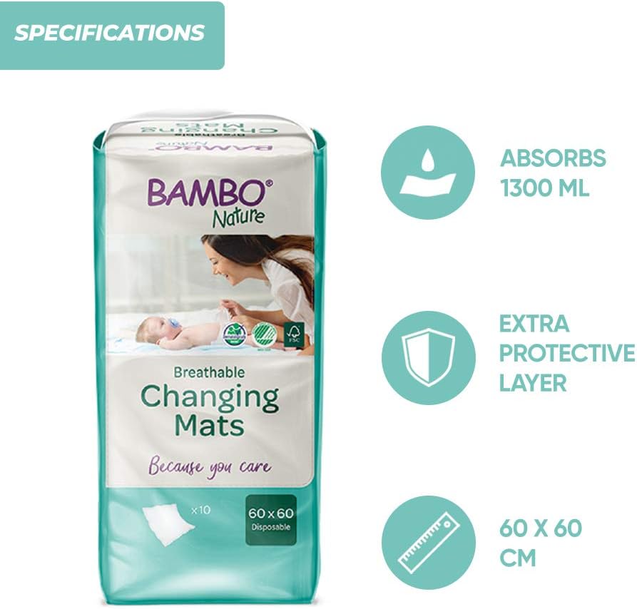 Bambo Nature Disposable Changing Mats, Size 60x60 cm, Pack of 10, Absorbency of 1000 ml, Disposable Changing Mat - Image 5
