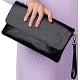 Jack&Chris Women Leather Envelop Clutch Wristlet Bag Handbag Crossbody Purse with Shoulder Strap,WBGT035 (Black)