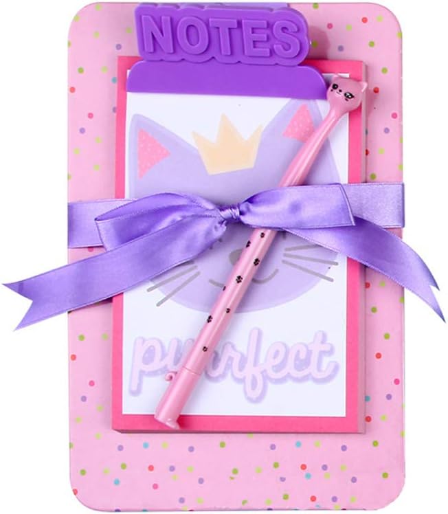 Board Clip Note Book Cartoon Board Clip Sticky Note Clipboard Memo Pads Set- Pen Notepad Clipboard Included (Pink Cat)