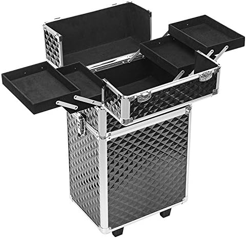 Mooxury Professional 4 in 1 Makeup Train Case, Aluminum Rolling Cosmetic Storage - Artist Organizer Kit with Adjustable Divider &amp; Key Lock, Cosmetic Studio Box for Cosmetics - Black