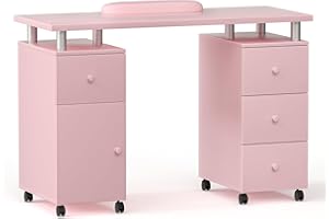 ABTSalon Nail Desk for Nail Tech Acetone Resistant Nail Tech Table Manicure Station Wide Desktop Manicure Desk Nail Station W/Lockable Wheels Wrist Cushion (Pink)