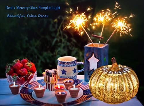 denlix Mercury Glass Pumpkins Lights, 5.5 Inches Decorative Pumpkin Decor, Battery Operated with Timer, Fall Autumn Tables Centerpieces Decoration for Home - Thumbnail 2
