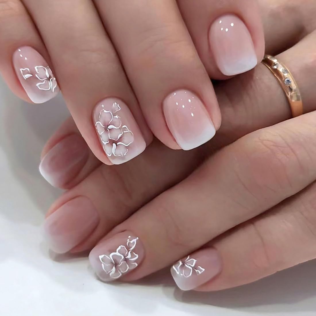Cubahop 24pcs French Medium Square Pink Flower Crystal Rhinestone False Nail Acrylic Art Gradient Love Glitter Fake Nails Stick on Nails for Women and Girls (D)