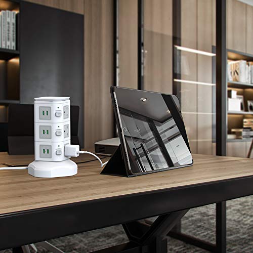 bedee Tower Extension Lead, Surge Protector Extension Lead with 6 USB Slots and 9 Outlet Plugs, Power Strip Tower with 10W Fast Wireless Charger, 6.5ft Extension Cord