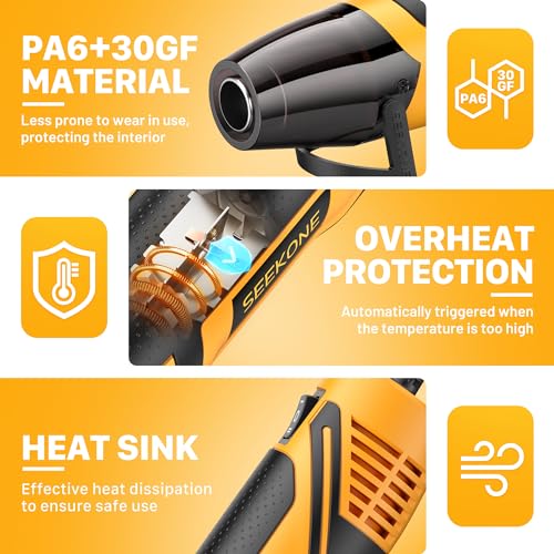 SEEKONE Mini Heat Gun 2 Temperature 260℃/450℃, 350W Handheld Hot Air Gun Tool 1.5S Fast Heating with Overload Protection, Non-Slip Rubber Body, Nozzle for Craft Embossing, Shrink Wrapping