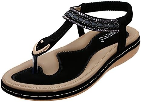 KUONUO Women Flat Sandals Bohemian Glitter Summer Beach Elastic Back Strap Rhinestone Sandals for Women Clip Toe Flip Flops Shoes Black 9 B(M) US
