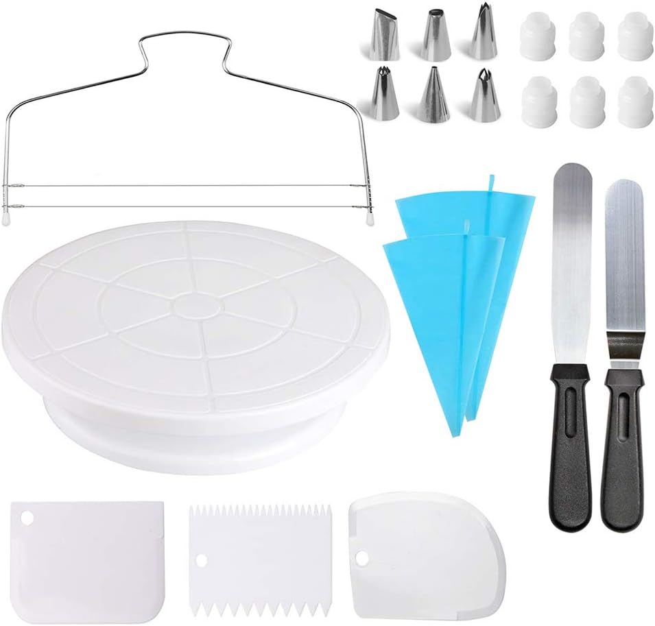 Cake Decorating Kit - Cake Rotating Turntable, Icing Spatulas, Cake Scrappers, Cake Cutter, Piping Nozzles, Pastry Bag, Piping Tip Couplers
