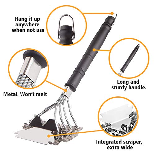 Grill Brush and Scraper Bristle Free - Faster Cleaning with 4 Helixes, Safe 18" Stainless Steel, BBQ Accessories, Easy Scrubbing for All Grill Grates & Griddles - Best Gifts for Grill Enthusiasts