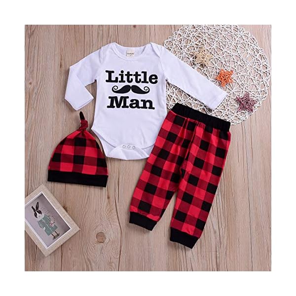 YOUNGER TREE Newborn Boy Clothes Set Long Sleeve Romper,Plaid Pants + Cute Hats 3pcs Outfit - Image 9