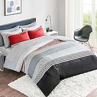 Comfort Spaces Queen Comforter Sets with Sheets - Bed in a Bag 9 Pieces Teen Bedding Sets, Red and Grey Stripes Bedding Queen, College Queen Bed Set with 2 Side Pockets Bedroom Organizer