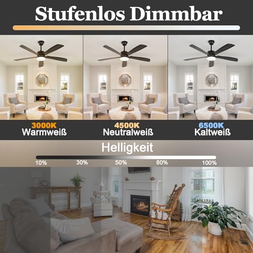 Homefire Ceiling Fan with Silent Lighting – Dimmable LED 23 W Black Ceiling Lamp with Fan and Remote Control 125 cm 6 – Timer for Bedroom Kitchen