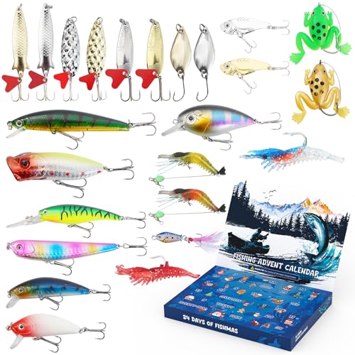 25-in-1 Fishing Advent Calendar Set, Surprise 24 Days Fishing Lure Kit, Freshwater Fish Tackle Gear Gifts for Men Father Husband at Amazon
