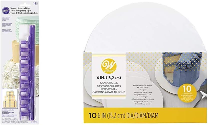 Wilton Plastic Support Dowel Rods and Caps, 14 Pieces & Round Cake Boards, 15.2cm (6in), Pack of 10