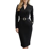 Lurha Women's Black Sheath Dress with Mandarin Collar and Belt,Long Sleeve Elegant Polyester Midi Dress for Office,Events