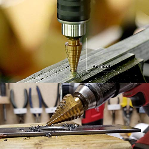 amoolo Titanium Step Drill Bit (15 Sizes), 3/16" to 1-1/4" (4-32mm) HSS 1/4" Hex Shank Unibit for Metal, Wood, Plastic with Metric Index
