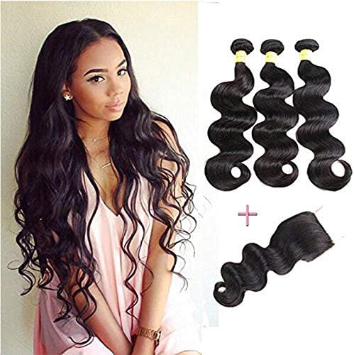 YePei Brazilian Virgin Body Wave 3 bundles With Free Part Closure Natural Color 100% Unprocessed Human Hair Weave Weft with Lace Closure (20 22 24 with 20 free)