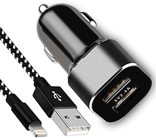 Ulimag iPhone Car Charger, 24W/4.8A Rapid Dual Port USB Car Charger Adapter with 3FT Lightning USB Cable Charging Cord for iPhone X 8 7 Plus 6S 6 SE 5S 5, iPad, iPod (Black White)