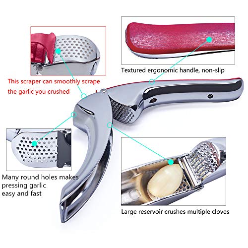 Nurch Garlic Press, Stainless Steel Mincer and Crusher Ginger Press with Garlic Scraper Professional Food Grade, Rust Proof, Easy Squeeze and Clean Red with Ergonomic Comfort Grip