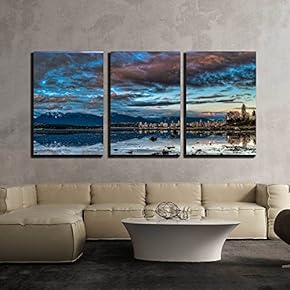 3 Piece Canvas Wall Art - Reflection of Vancouver Skyline and Dramatic Blue Sky - Modern Home Art Stretched and Framed Ready to Hang - 16"x24"x3 Panels