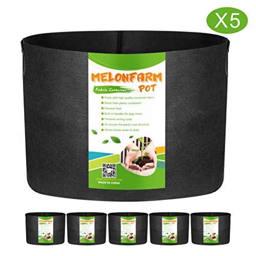 MELONFARM 5-Pack 20 Gallon Plant Grow Bags – Smart Thickened Non-Woven Aeration Fabric Pots Container with Strap Handles for Garden and Planting