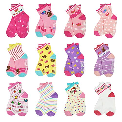 SkiBeaut Toddler Grips Socks, Non Slip Kids Toddlers Boys Girls Grippy Child Socks with Grippers for 1-7 Years Old,12 Pairs