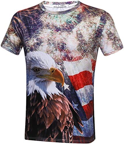 Prettyard Men Women Real Eagle &amp; Fireworks USA Flag Unisex Short Sleeve T-Shirt - US(Men:S-M(Slim) = Women:10-12/M-L) Ignore Our tag