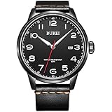 BUREI Unisex Unique Quartz Watch Full Black Analog Dial With Date Big Numbers Stainless Steel Case Soft Leather Strap