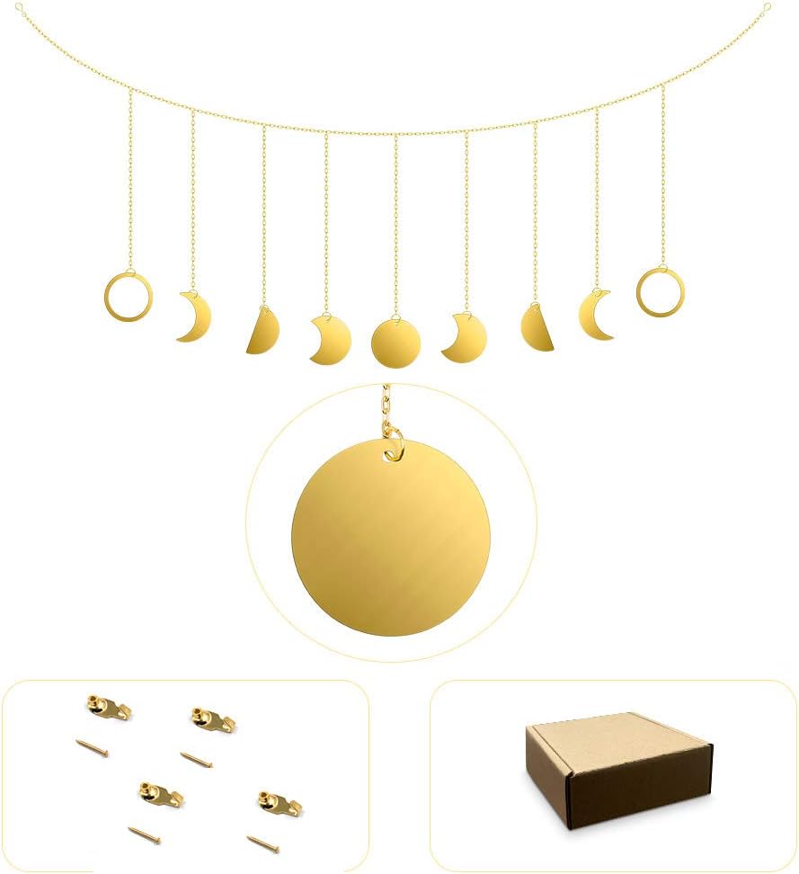 Hoobbii Moon Decor Wall Decorations, Metal Moon Phase Wall Hanging Decorative Garland, Boho Wall Art Decor-Bedroom, House, Living Room, Apartment Or Dormitory Wall Decoration (Gold)
