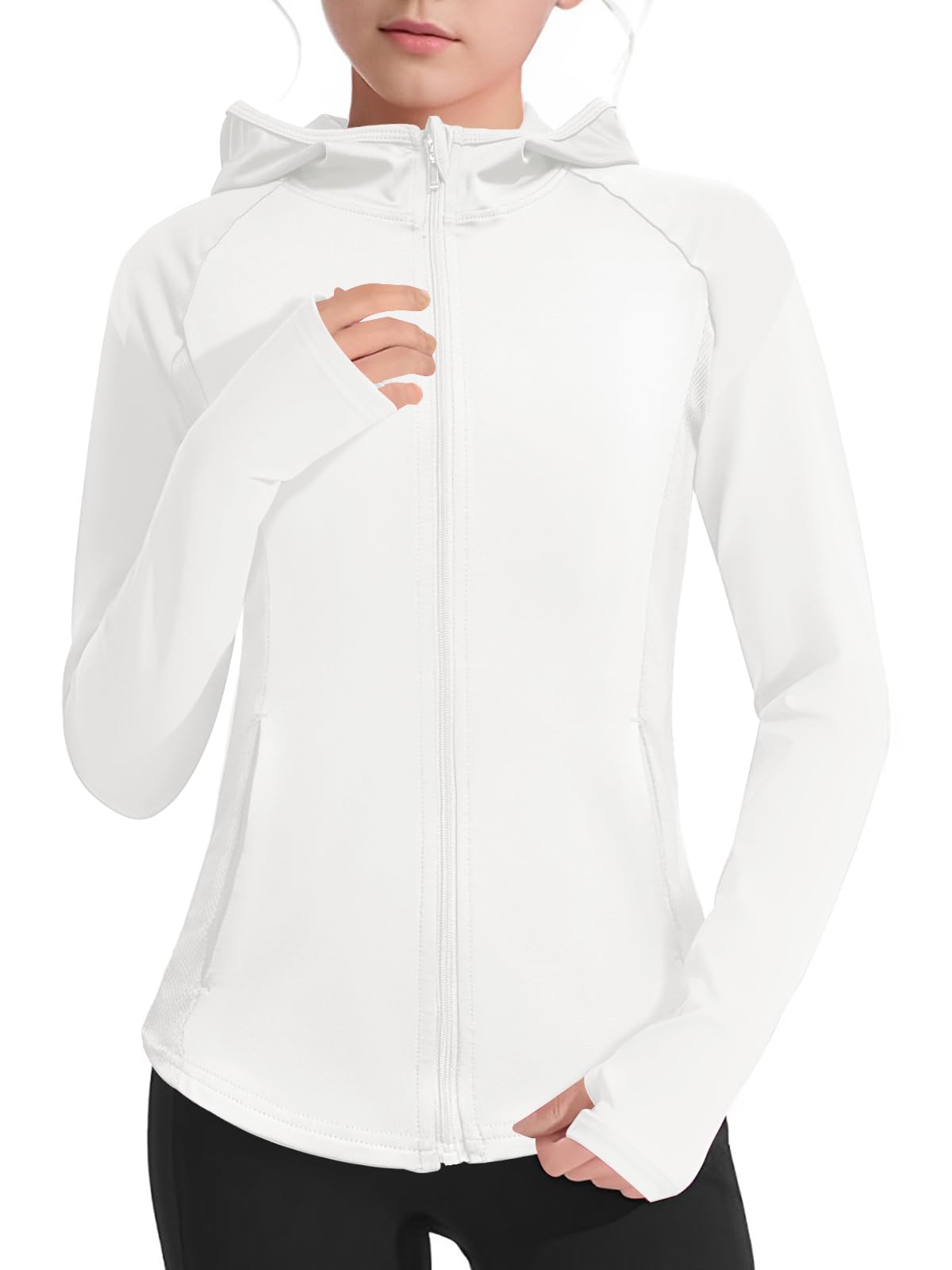 Photo 1 of Girls Lightweight Jacket Long Sleeve Zip Up Athletic Hoodie Top UPF50+ Fishing Hiking Sun Protection Outwear (US, Age, 8 Years, 9 Years, White)