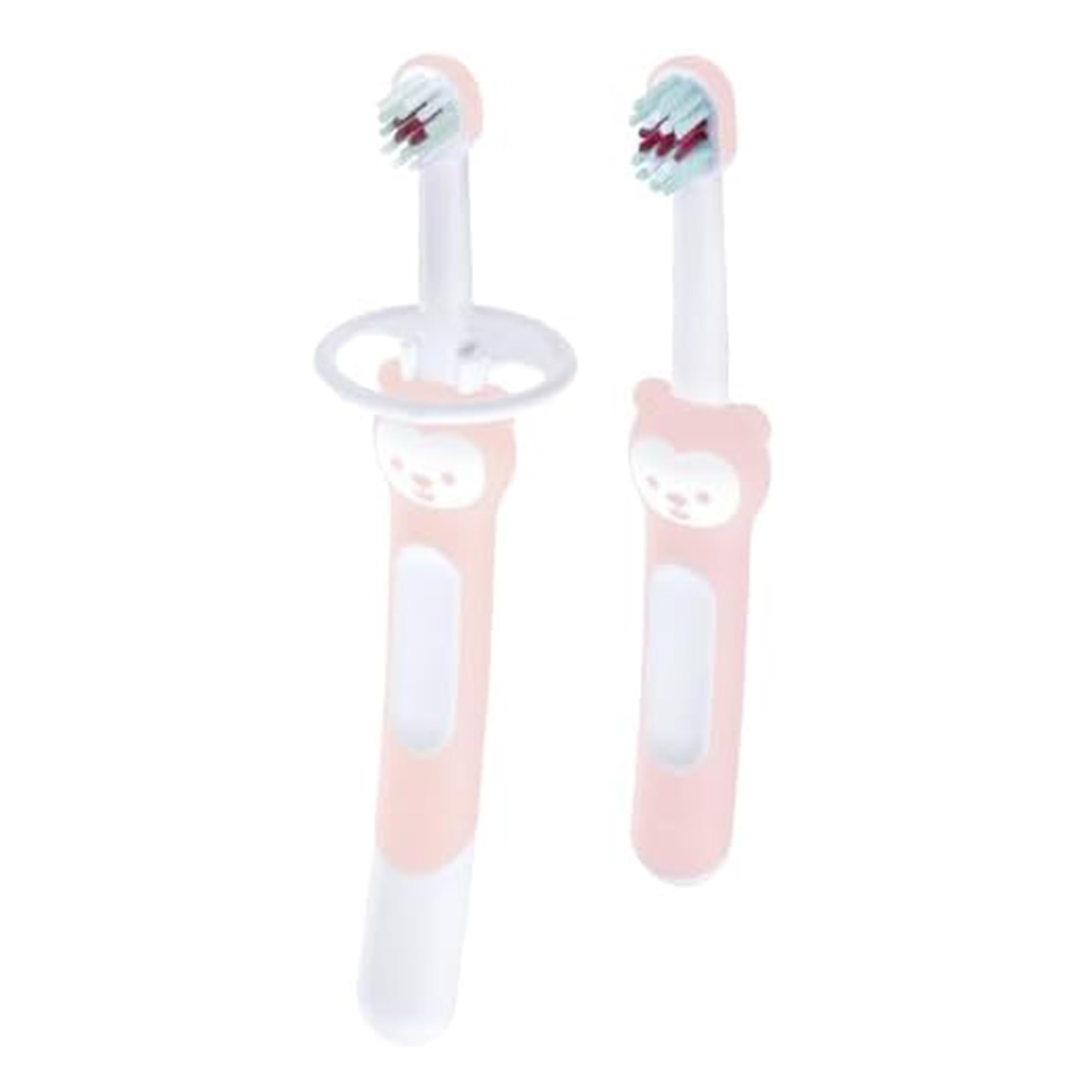 MAM Baby's Brush | 2 Pack | Toothbrush with Safety Shield | 6+ Months | For Teaching Dental Hygiene to Babies | Extra Soft Bristles | Ergonomic and Non-Slip | Pink