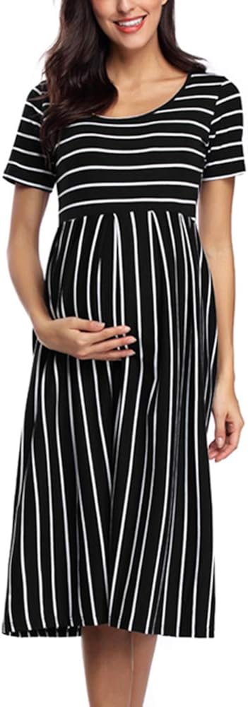 BBHoping Women&rsquo;s Casual Striped Maternity Dress Short&3/4 Sleeve Knee Length Pregnancy Clothes for Baby Shower