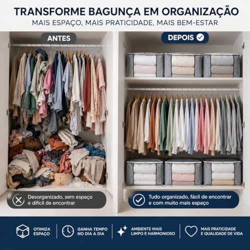 Kit 6 Caixas Organizadoras Dobráveis Multiuso com Zíper, Bolsa Organizadora para Edredom, Visor Transparente e Alças, Roupas de Cama, Cobertores, Closet e Guarda-Roupa - Marca Bigzu