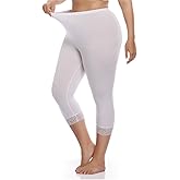 Kotii Women's Plus Size Lace Trim Capri Leggings Stretch Crop Leggings Summer Tights Pants