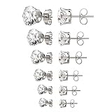 Women's Stainless Steel Round Clear Cubic Zirconia CZ Stud Earring 6 Pair Set 3-8mm