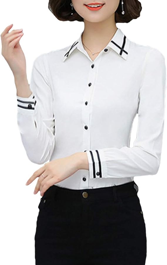 Amazon Mioim ワイシャツ レディース 細身 制服 スーツ トップス 春夏 長袖 半袖 ブラウス シャツ カジュアル 通勤 通学 普段着 M 長袖 ホワイト Tシャツ カットソー 通販