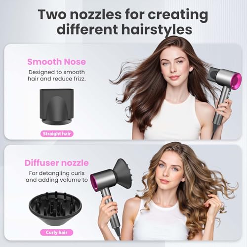 AIUNAOM Professional Hair Dryer 160,000 RPM, 500M Negative Ions, Magnetic Accessories, 3 Speed Settings and 4 Temperature Settings, for Animals, Salon and Home, Pink