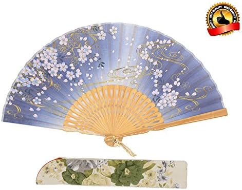 LYSA "Sakura Cloud" Folding Hand Held Fan for Women,and Silk Tissue Protective Sleeve --- Chinese/Japanese Style (Blue-007)