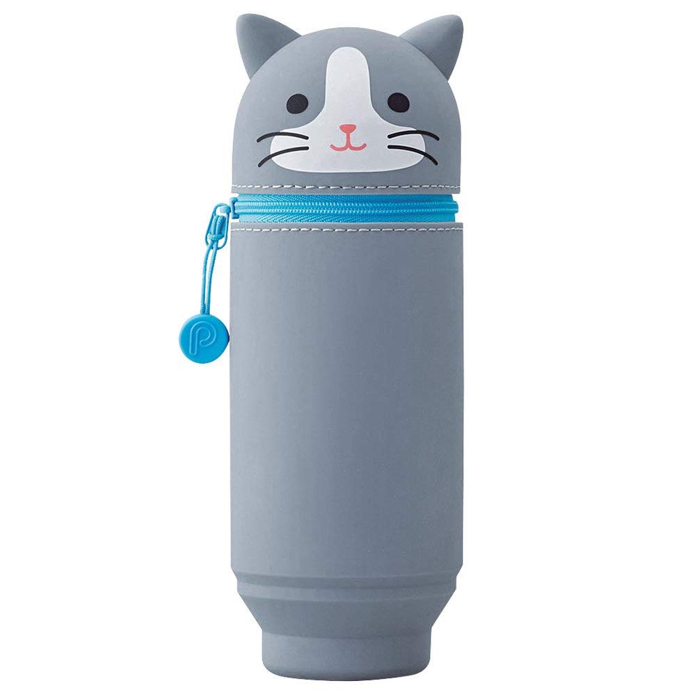 LIHIT LAB Kawaii Japanese Cat Large Stand Up Pencil Case for School Office College,Animal Pen Holder, Gray Cat (A7714-4),Large: 2.9" x 8"